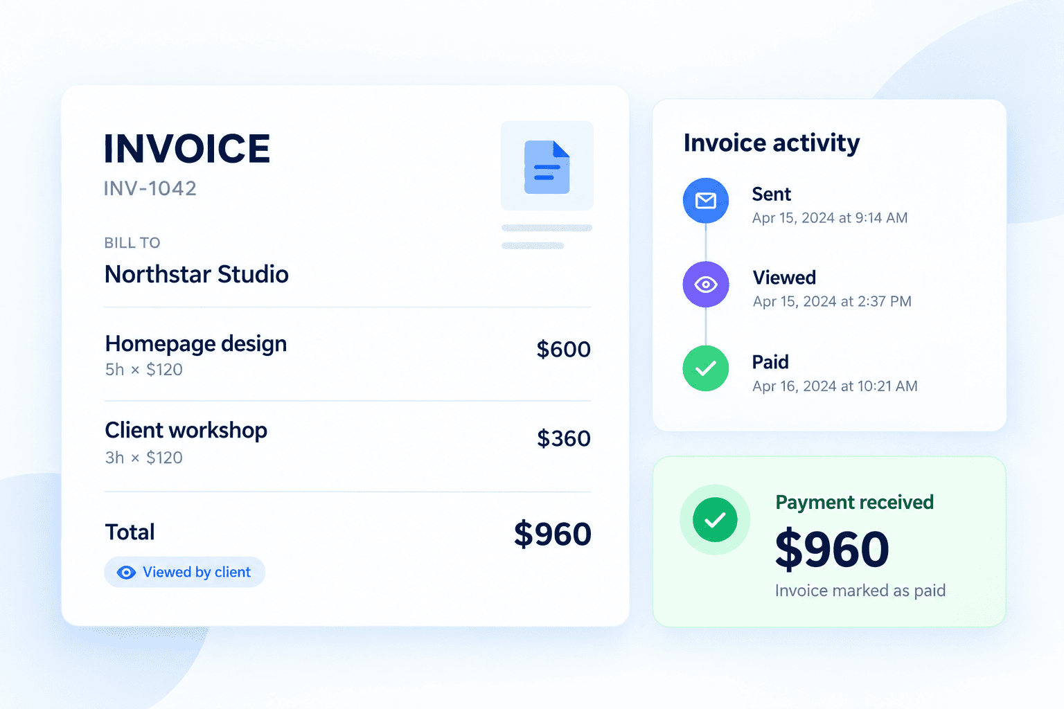 Invoice sent, viewed, and marked as paid in Rebban