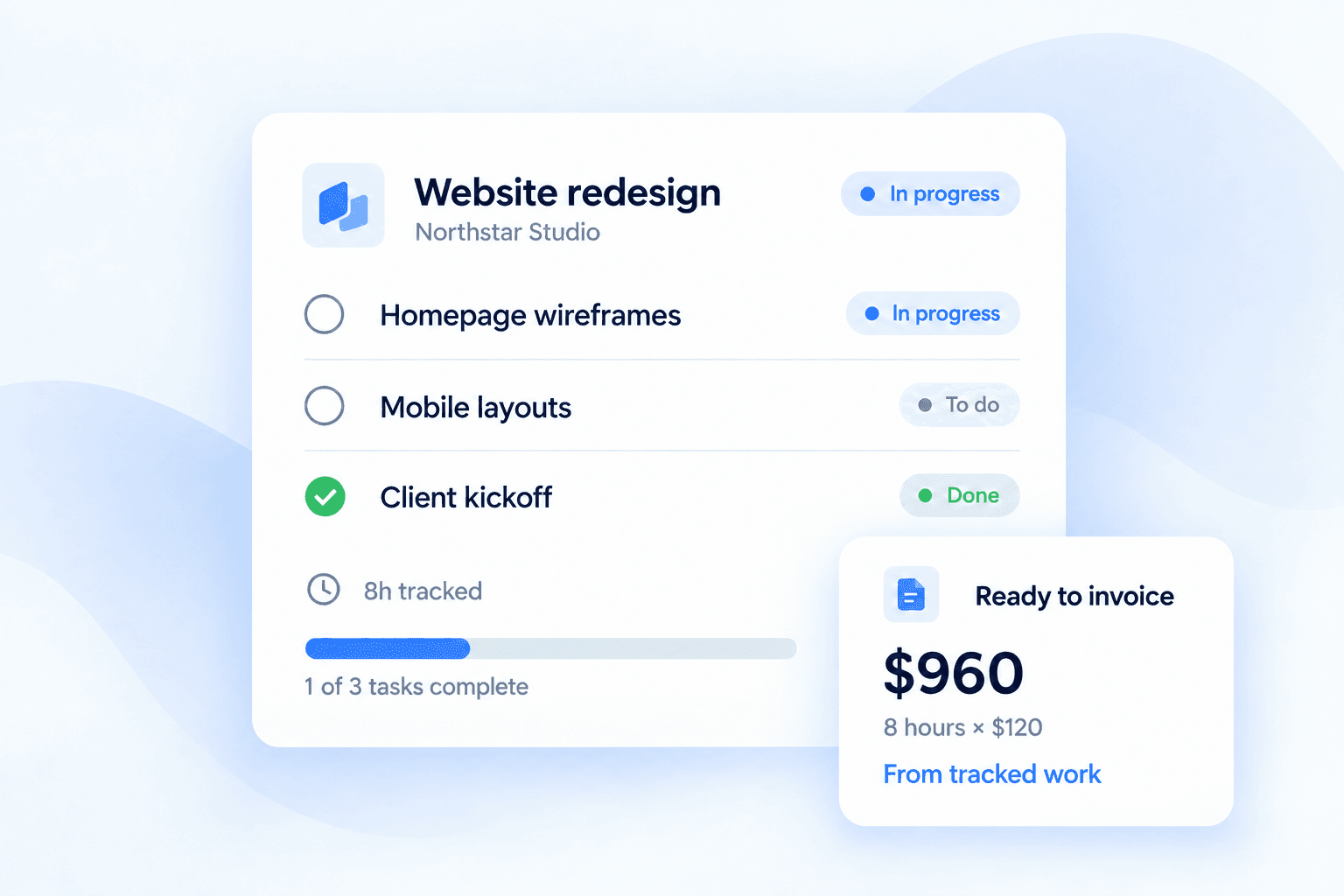 Project panel with tasks and amount ready to invoice